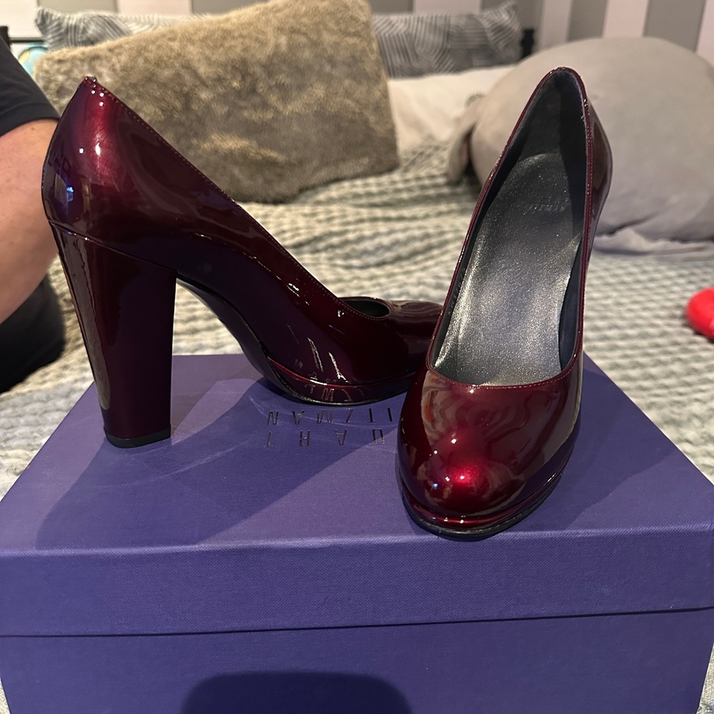 Stuart Weitzman Deep Red Patent Leather Square Heel